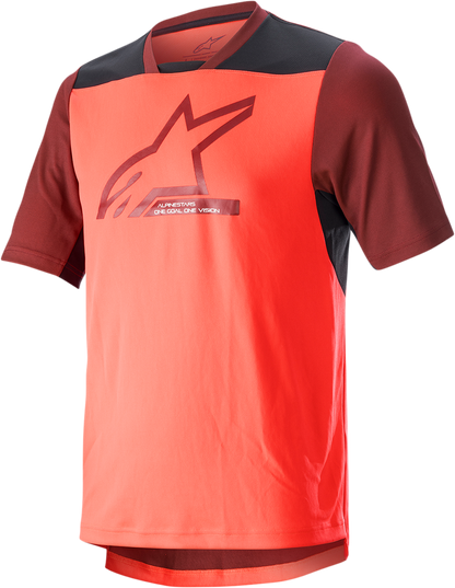 Alpinestars Drop 6.0 V2 short-sleeve jersey in coral and black, medium size, featuring breathable fabric and sporty design.