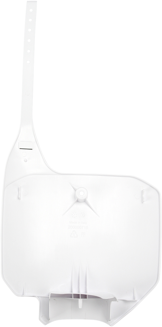 Acerbis white front number plate for motorcycle, body part with mounting holes, displaying Acerbis branding and sleek design.