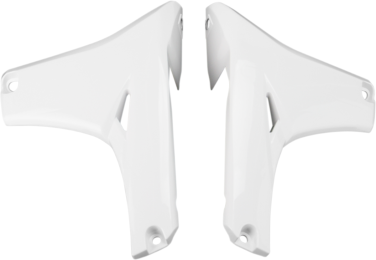 White ACERBIS radiator shroud lower body panel for off-road motorcycle, designed for durability and easy installation.