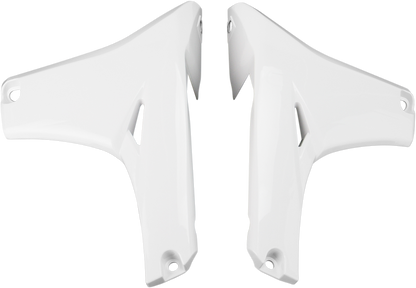White ACERBIS radiator shroud lower body panel for off-road motorcycle, designed for durability and easy installation.