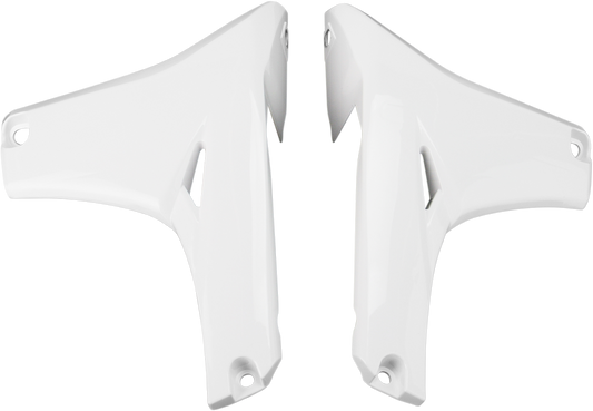 White ACERBIS radiator shroud lower body panel for off-road motorcycle, designed for durability and easy installation.