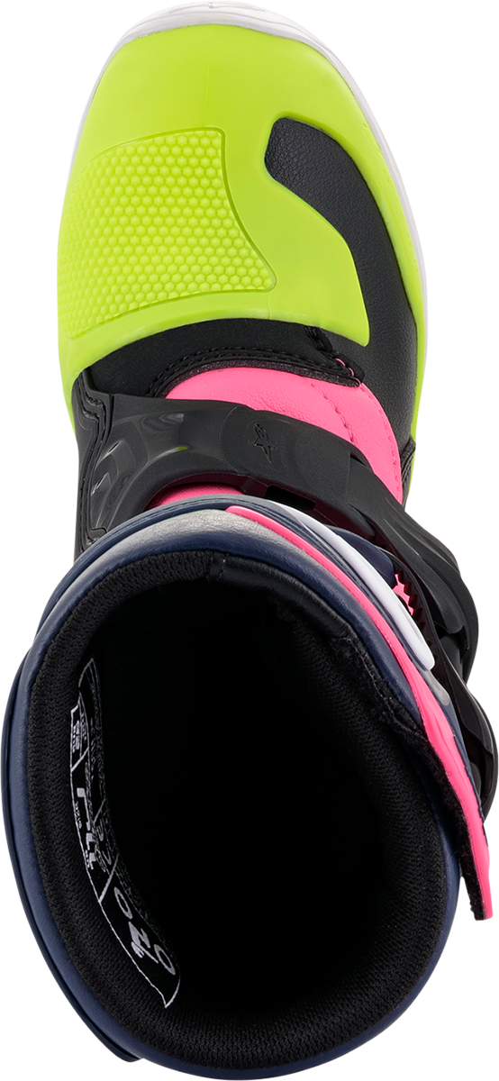 Alpinestars Tech 3S motorcycle boots in black, blue, and pink with rugged design and protective features, US size 12.