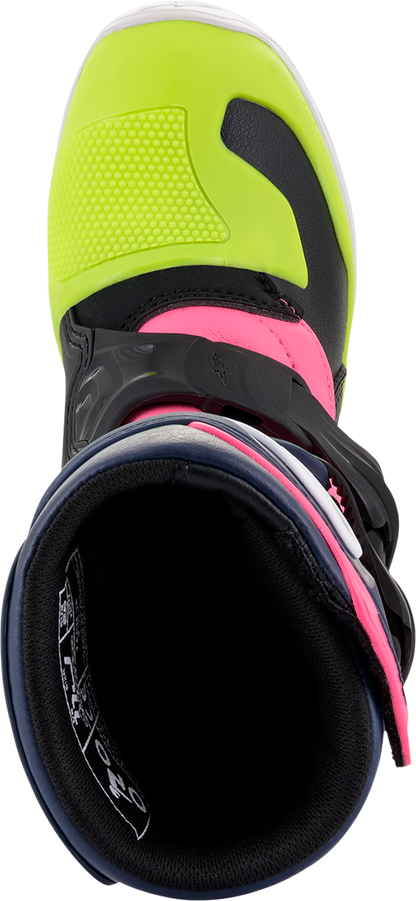 Alpinestars Tech 3S motorcycle boots in black, blue, and pink with rugged design and protective features, US size 12.