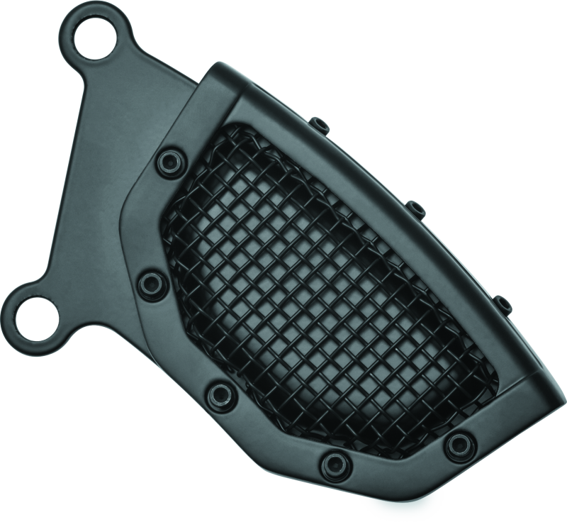 Kuryakyn Mesh Front Caliper Covers in black for Harley Davidson motorcycles, showing detailed metal mesh design and mounting brackets.
