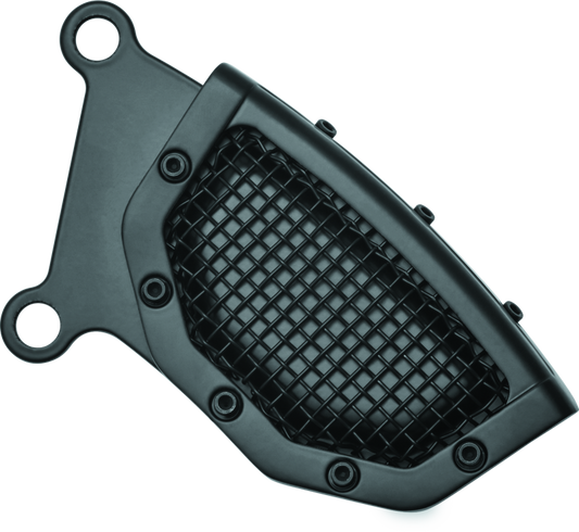 Kuryakyn Mesh Front Caliper Covers in black for Harley Davidson motorcycles, showing detailed metal mesh design and mounting brackets.