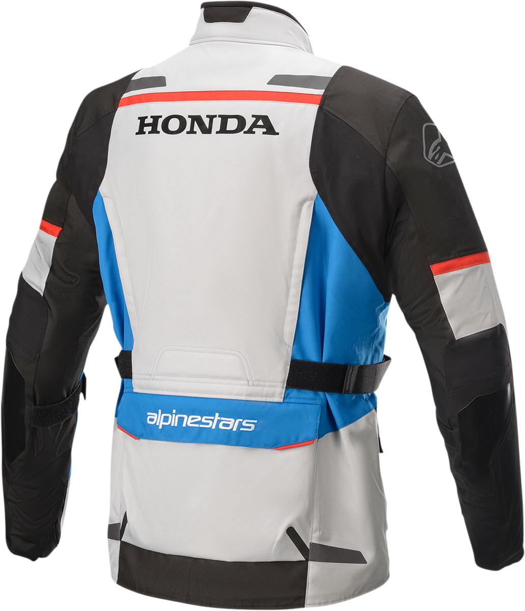 Alpinestars Honda Andes v3 Drystar motorcycle jacket in gray, blue, and red, small size, featuring protective gear and adjustable features.