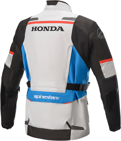 Alpinestars Honda Andes v3 Drystar motorcycle jacket in gray, blue, and red, small size, featuring protective gear and adjustable features.