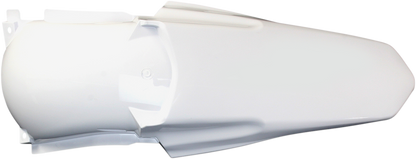 A white Acerbis rear fender for motorcycle, showcasing its shape and mounting points on a clean background.