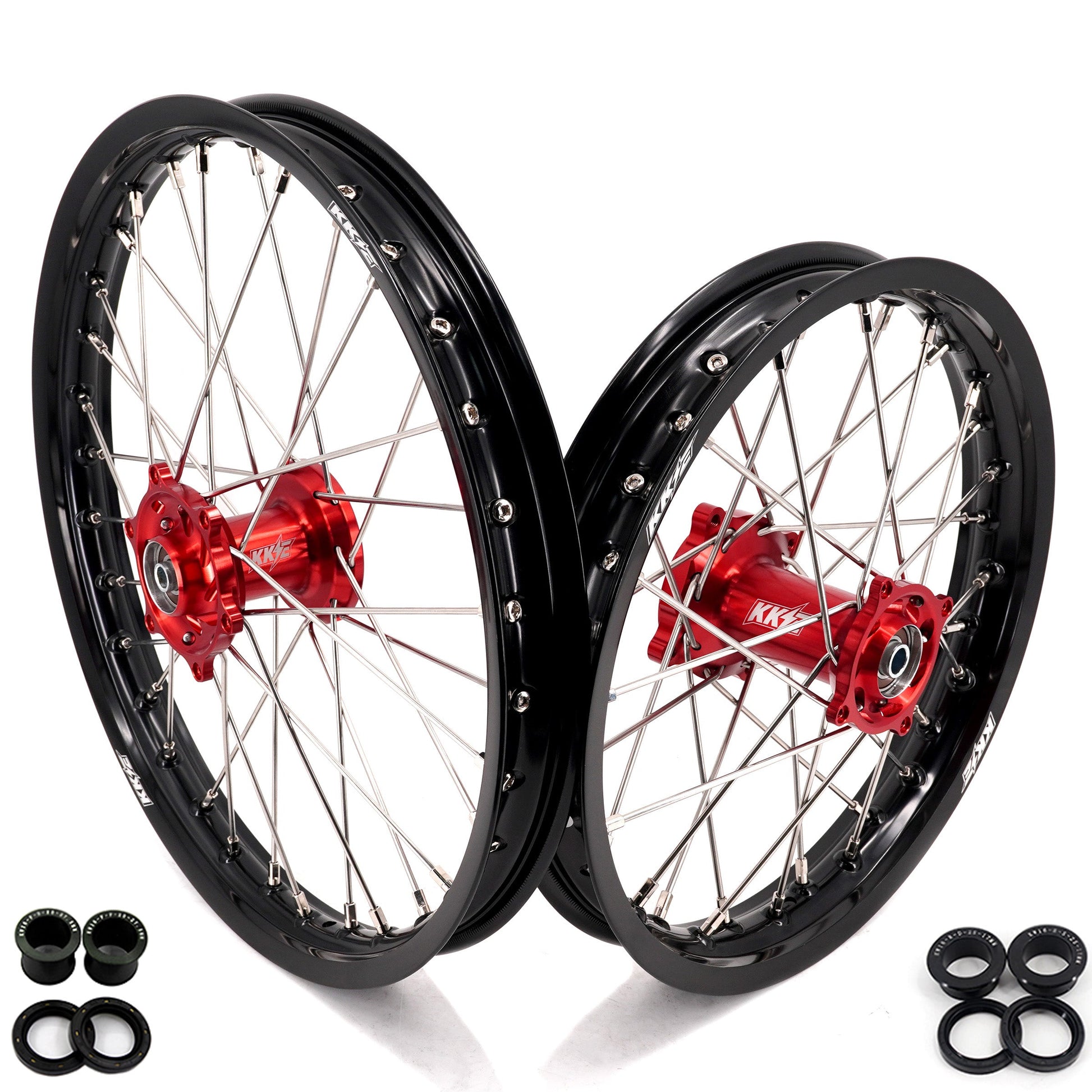 KKE 19 & 16 Spoked Kid's Wheels Rims Set for Kawasaki KX80 KX85 KX100 Red Hubs - Howling Moto