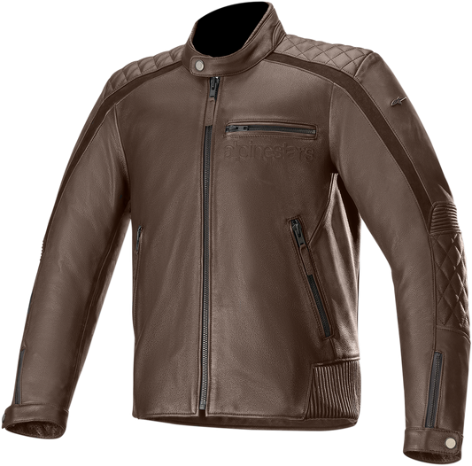 Alpinestars Hoxton v2 brown motorcycle jacket with protective armor, US 46 / EU 56, displayed on a hanger.