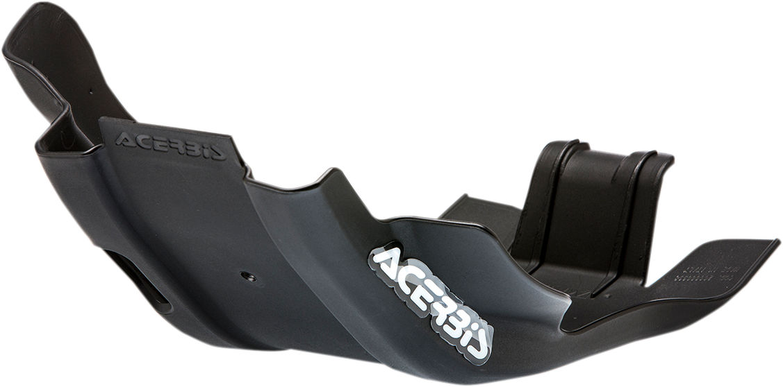 Black ACERBIS skid plate for Husqvarna and KTM motorcycles, designed to protect the body and engine components.