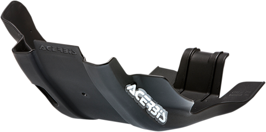 Black ACERBIS skid plate for Husqvarna and KTM motorcycles, designed to protect the body and engine components.