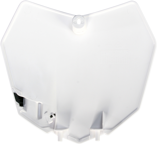 Acerbis white front number plate for motorcycles, featuring a sleek body design and mounting holes, branded with Acerbis logo.