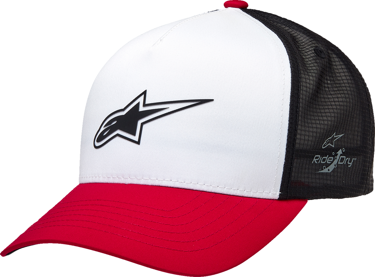 Alpinestars Advantage Tech Trucker Hat in white, red, and black with mesh back and embroidered logo, one size fits all.