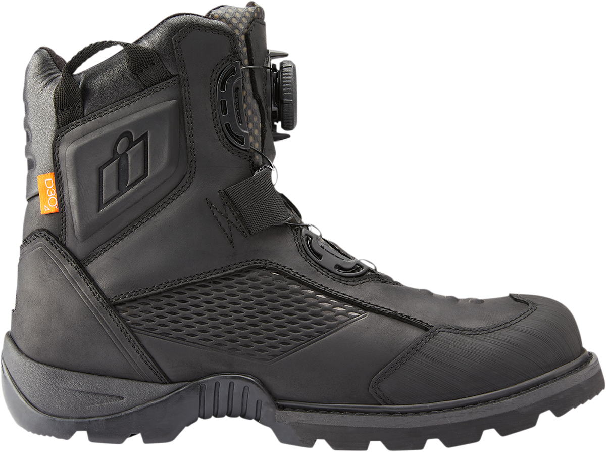 Black ICON Stormhawk boots from Bill's Exhausts in size 11.5, featuring sturdy leather and rugged sole design.