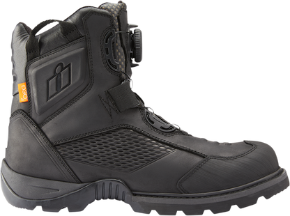 Black ICON Stormhawk boots from Bill's Exhausts in size 11.5, featuring sturdy leather and rugged sole design.