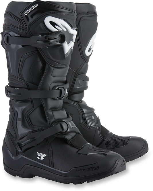 Alpinestars Tech 3 motocross boots in black with ankle protection and buckles, US size 10, designed for off-road riding.