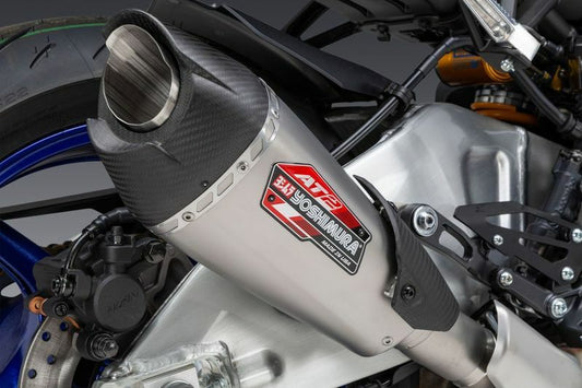 YOSHIMURA RS-12 ADV AT2 street exhaust with matte carbon fiber end cap, motorcycle exhaust system with sleek finish