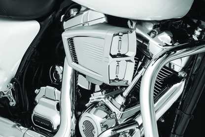 Kuryakyn Precision Tappet Block Accent with chrome finish for 2017+ Milwaukee-8 engines, showcasing detailed metallic design.