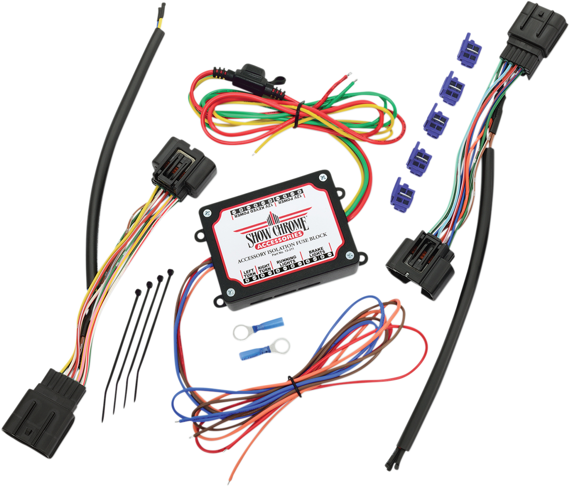 Bill's Exhausts SHOW CHROME Fuse Block for Goldwing engine, compact electrical component with gold finish and multiple fuse slots.