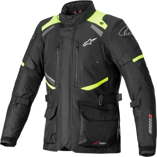 Alpinestars Andes v3 motorcycle jacket in black and yellow, small size, featuring protective design and durable textile construction.