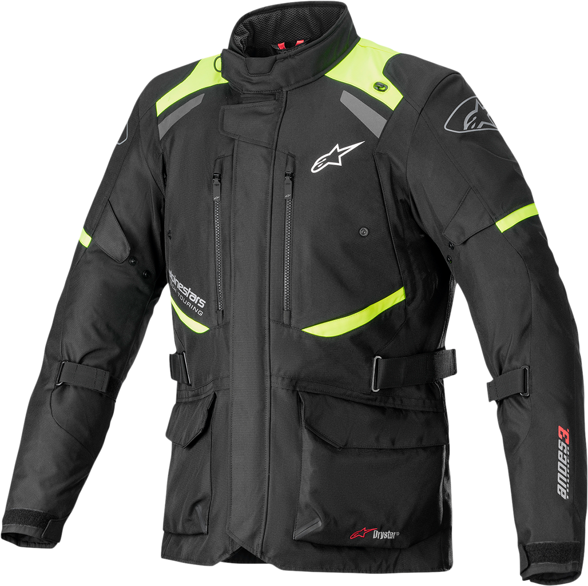 Alpinestars Andes v3 motorcycle jacket in black and yellow, size medium, showing front view with protective features.