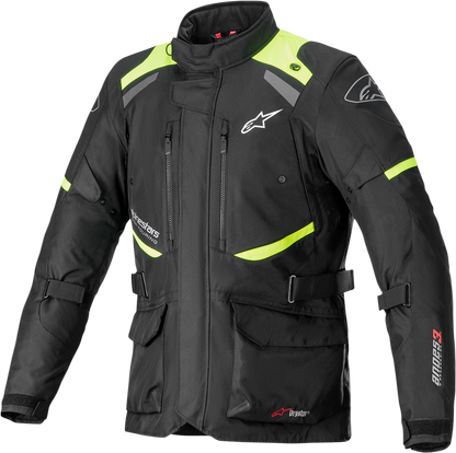 Alpinestars Andes v3 motorcycle jacket in black and yellow, size medium, showing front view with protective features.