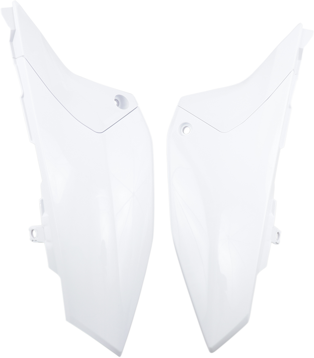 Acerbis white side panels for motorcycle body, featuring sleek design and brand logo, compatible with specific models.