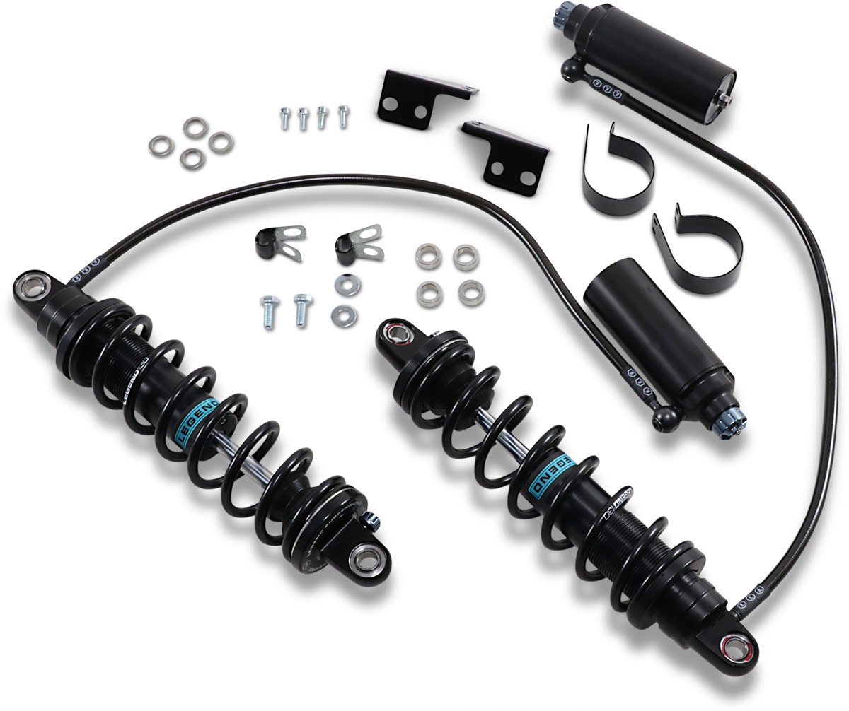 Legend Suspension Revo ARC remote reservoir shocks for touring motorcycles, 13-inch heavy-duty black suspension components.
