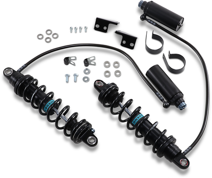 Legend Suspension Revo ARC remote reservoir shocks for touring motorcycles, 13-inch heavy-duty black suspension components.