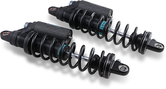 Legend Suspension Revo ARC piggyback shocks in black for 1999-2017 Harley-Davidson Dyna, 14-inch suspension shocks mounted on motorcycle
