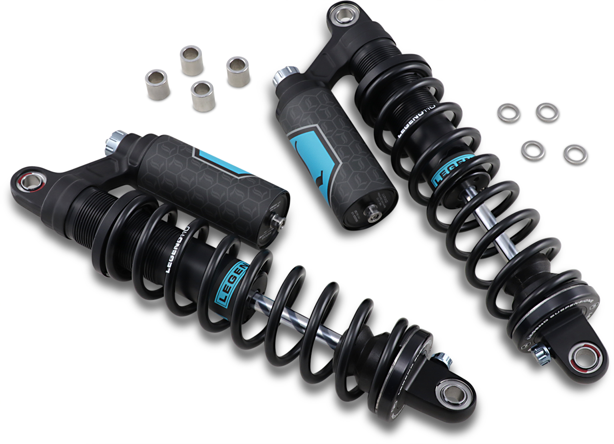 Legend Suspension Revo ARC piggyback shocks for 2004-2022 Harley Sportster, 14-inch black suspension shocks with adjustable ARC system.