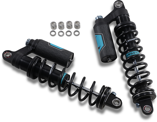Legend Suspension Revo ARC piggyback shocks for Harley-Davidson Sportster, 14-inch heavy-duty suspension system with adjustable features.