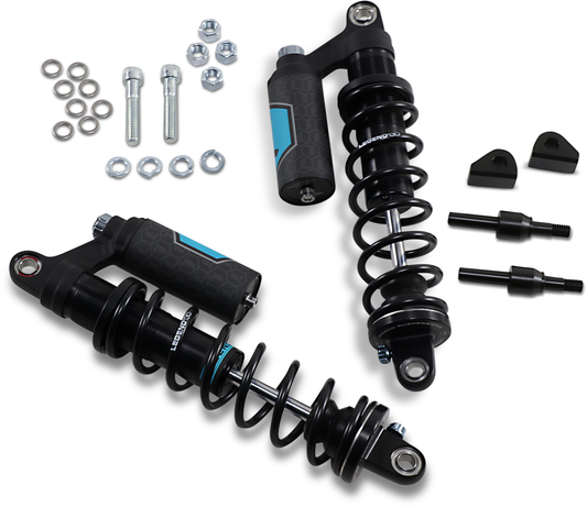 Legend Suspension Revo ARC piggyback shocks for FXR motorcycles, 14-inch heavy-duty black suspension shocks with part number 1310-1901.