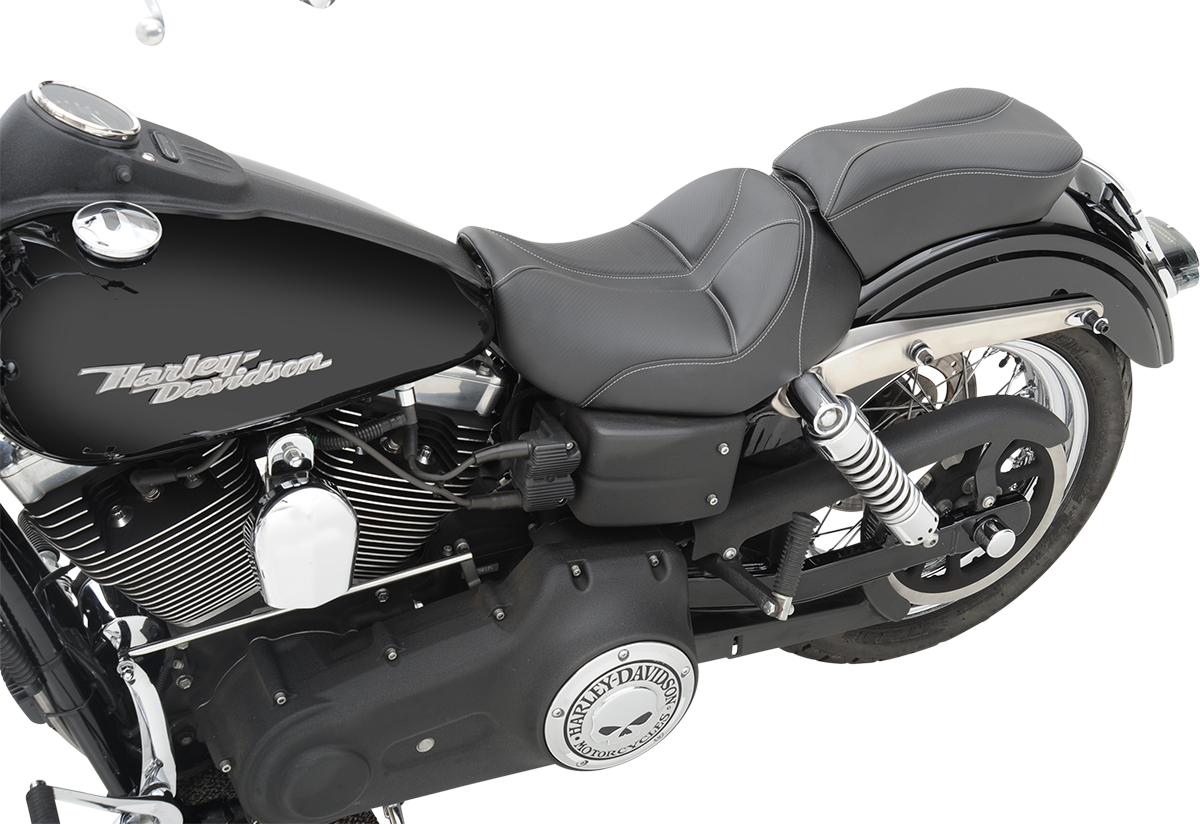 Black SADDLEMEN Dominator Solo Seat with gray stitching for Harley FL/FX 2006-2017, designed for motorcycle comfort and style.