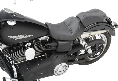 Black SADDLEMEN Dominator Solo Seat with gray stitching for Harley FL/FX 2006-2017, designed for motorcycle comfort and style.
