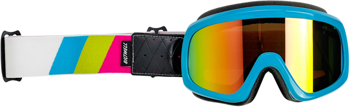 Bill's Exhausts Biltwell Overland 2.0 Goggles in cyan and jet with tri-stripe design, featuring clear lenses and adjustable straps.