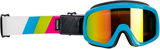 Bill's Exhausts Biltwell Overland 2.0 Goggles in cyan and jet with tri-stripe design, featuring clear lenses and adjustable straps.