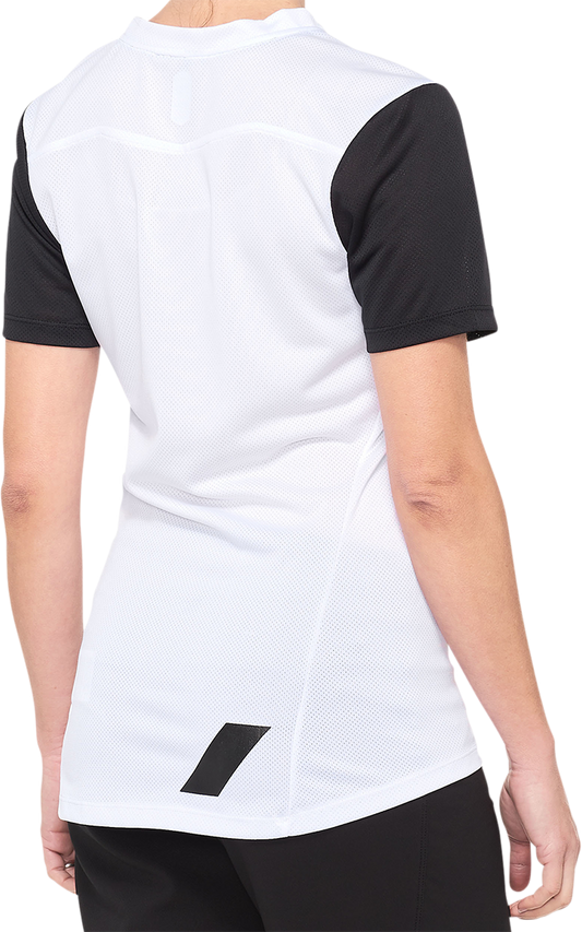 Women's Ridecamp Jersey by Bill's Exhausts, short-sleeve cycling jersey in white and black, size medium.