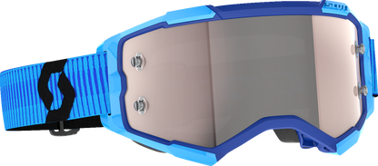 Scott Fury motocross goggles in blue and black with silver chrome lenses, designed for high-performance riding.