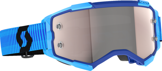 Scott Fury motocross goggles in blue and black with silver chrome lenses, designed for high-performance riding.