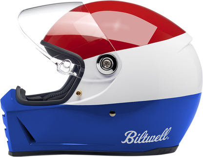 BILTWELL Lane Splitter motorcycle helmet in gloss Podium Red, white, and blue with small size, featuring aerodynamic design and branding.