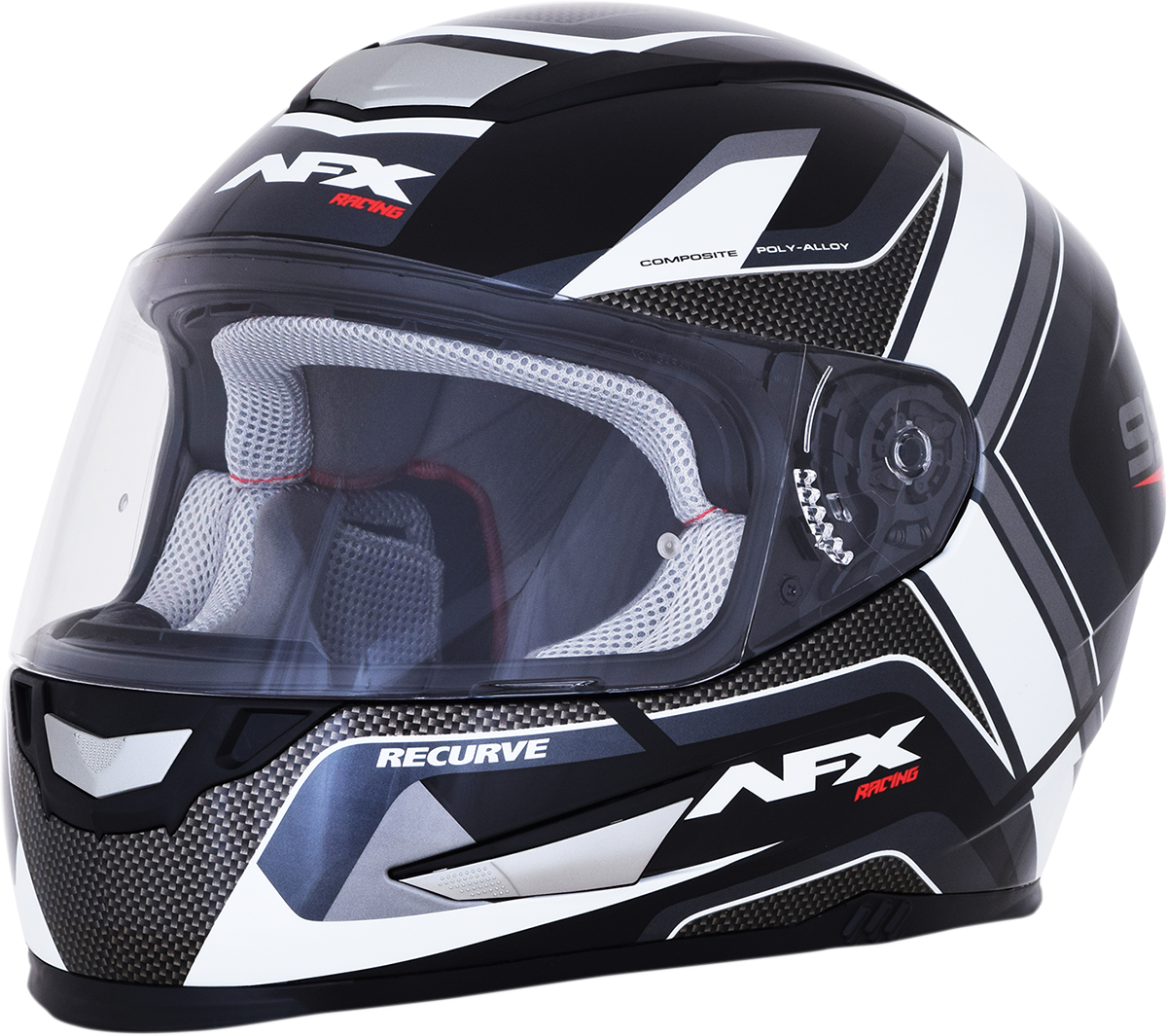 Black and white AFX FX-99 recurve helmet in XL size, featuring a sleek aerodynamic design and clear visor, by Bill's Exhausts.