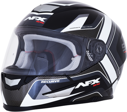 Black and white AFX FX-99 recurve helmet in XL size, featuring a sleek aerodynamic design and clear visor, by Bill's Exhausts.