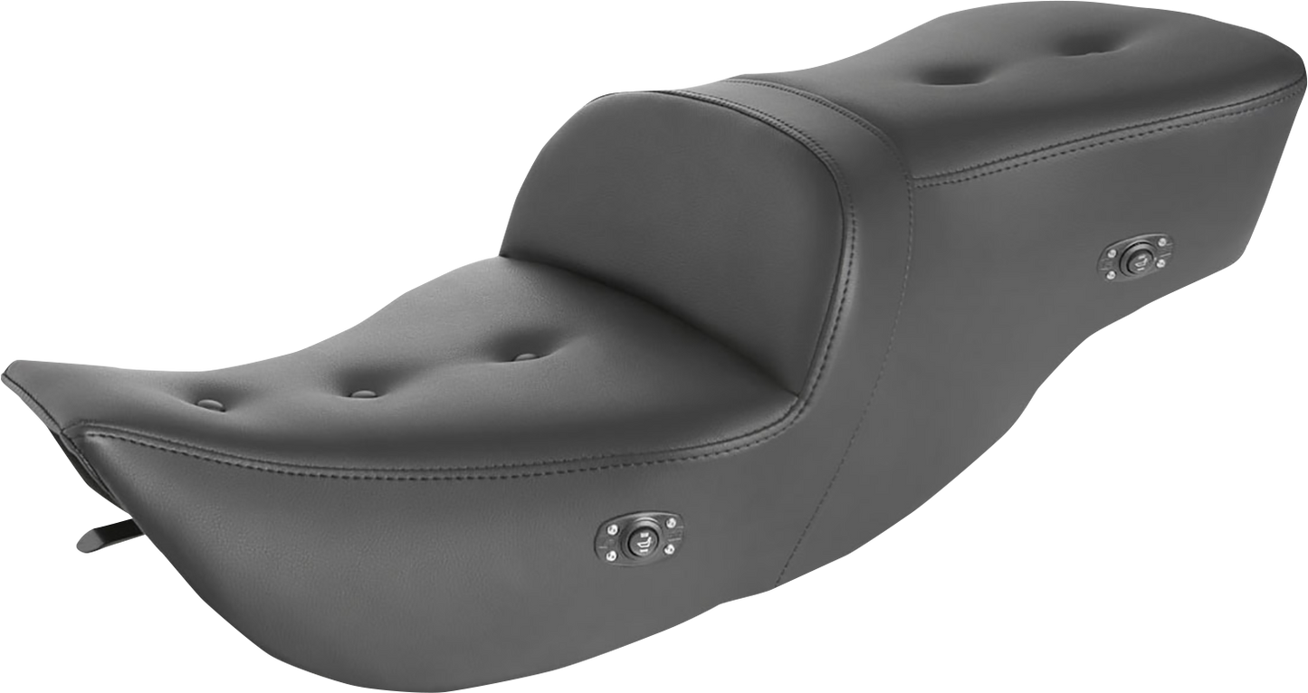 Black SADDLEMEN Pillow Top Roadsofa heated seat for motorcycles, featuring comfortable padding and durable black finish.