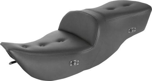 Black SADDLEMEN Pillow Top Roadsofa heated seat for motorcycles, featuring comfortable padding and durable black finish.
