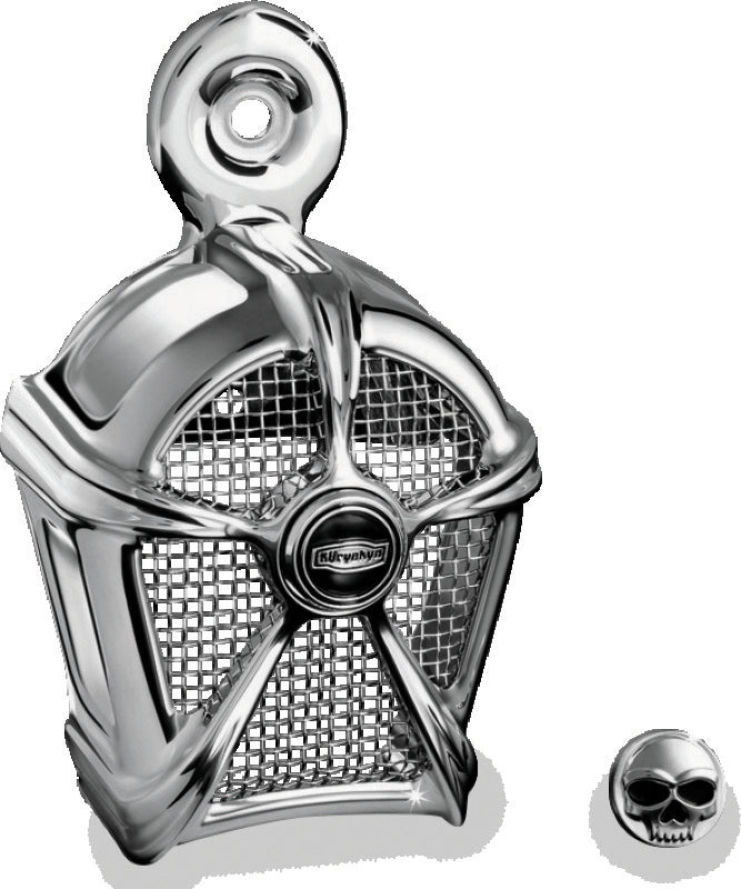 Kuryakyn Mach 2 chrome horn cover with chrome mesh for Harley-Davidson motorcycle, showcasing shiny metallic finish and detailed design.