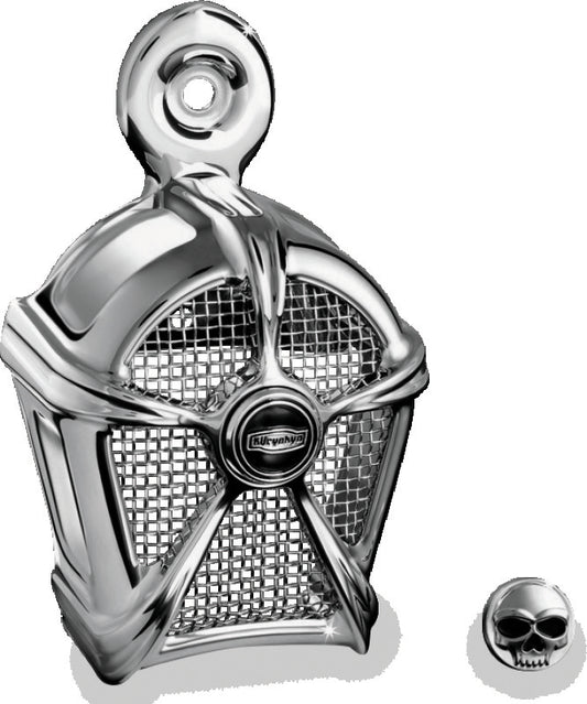 Kuryakyn Mach 2 chrome horn cover with chrome mesh for Harley-Davidson motorcycle, showcasing shiny metallic finish and detailed design.