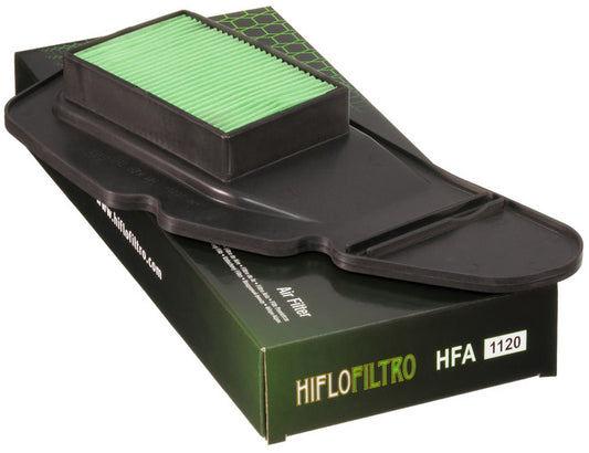 HIFLOFILTRO HFA1120 air filter for high-performance engines, showing the clean, rectangular filter element with branding.