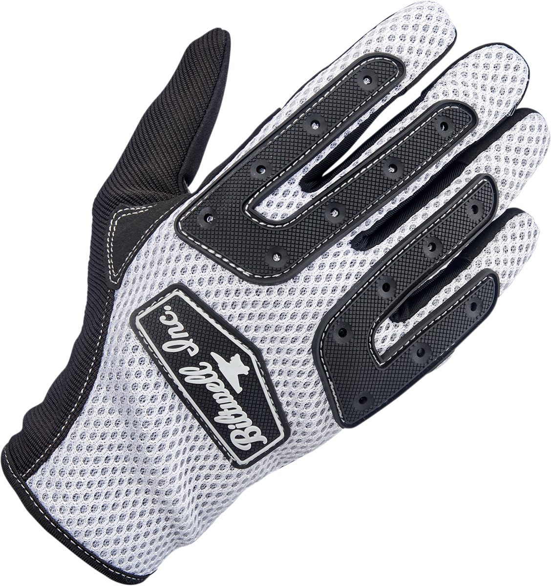 White BILTWELL Anza gloves in large size, featuring durable leather construction and secure wrist closure.